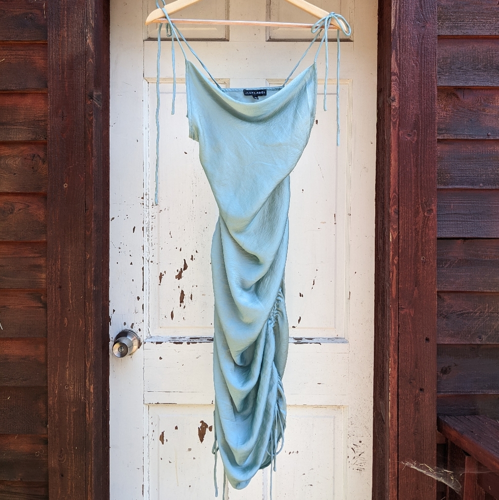 JLUXLABEL Satin Ruched Dress in Aqua